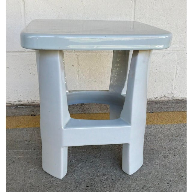 Stylish Currey & Company Moder Small White Porcelain Indoor/Outdoor Stool, showroom floor sample