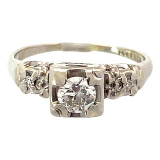 Estate 14k White Gold Engagement Diamond Ring, Size 6.5 For Sale