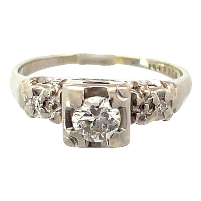 Estate 14k White Gold Engagement Diamond Ring, Size 6.5 For Sale