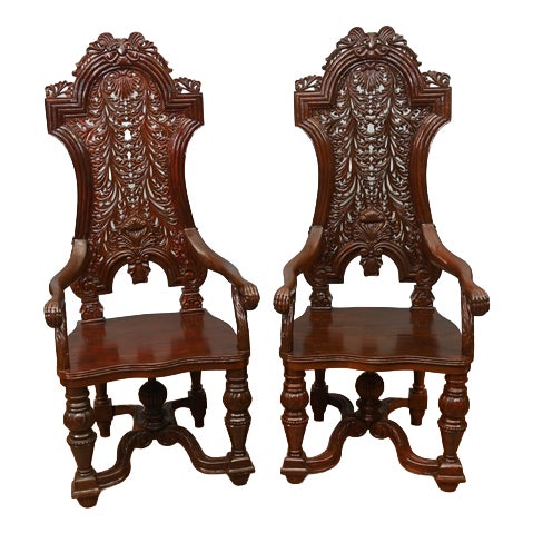 Jacobean Revival Hall Throne Armchairs in Carved Oak, 1890s, Set of 2 For Sale