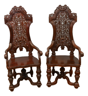 Jacobean Revival Hall Throne Armchairs in Carved Oak, 1890s, Set of 2