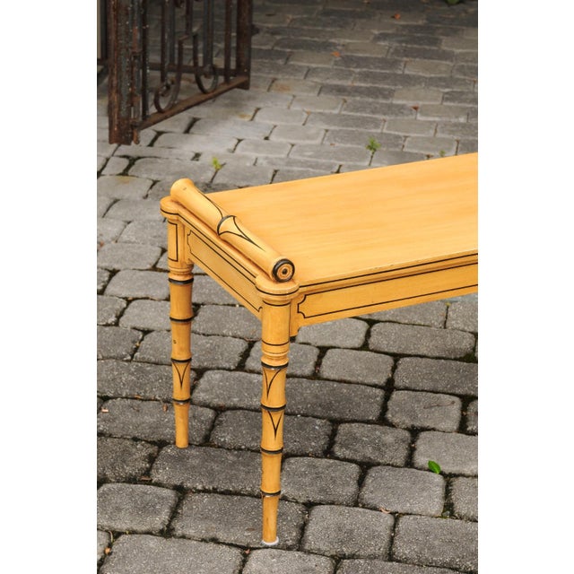 Vintage English Midcentury Goldenrod Painted Wooden Bench with Black Accents For Sale - Image 9 of 11