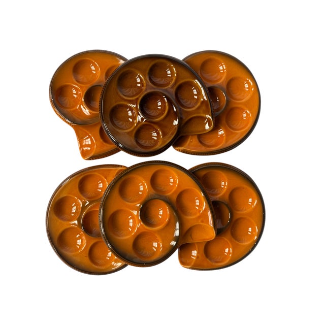 Vintage Honey Amber Majolica Escargot Plates / Dishes – Set of 6 For Sale In Houston - Image 6 of 9
