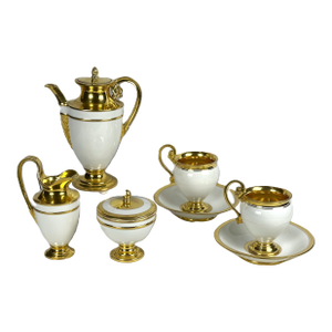Empire Style White & Gold Porcelain Coffee Service, 19th Century European Porcelain- 7 Piece Set