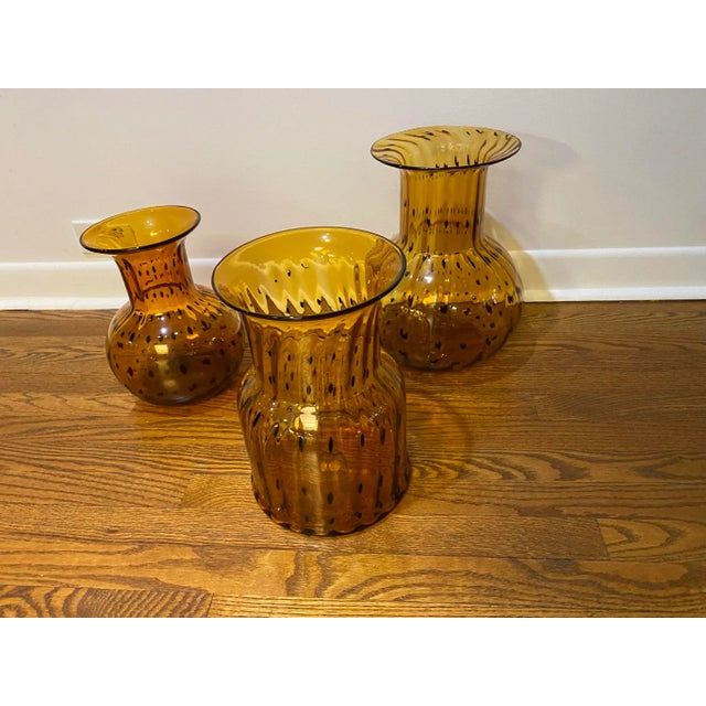 Glass Mid 20th Century Vintage Italian Amber Tortoise Blown Glass Vases- Set of 3 For Sale - Image 7 of 10