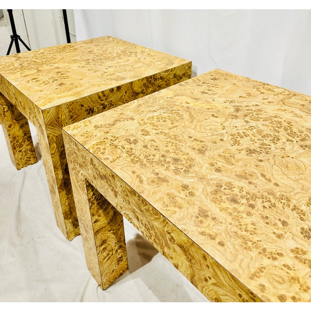 Milo Baughman Pair Vintage Mid Century Modern Faux Burl Parsons Tables For Sale - Image 4 of 7