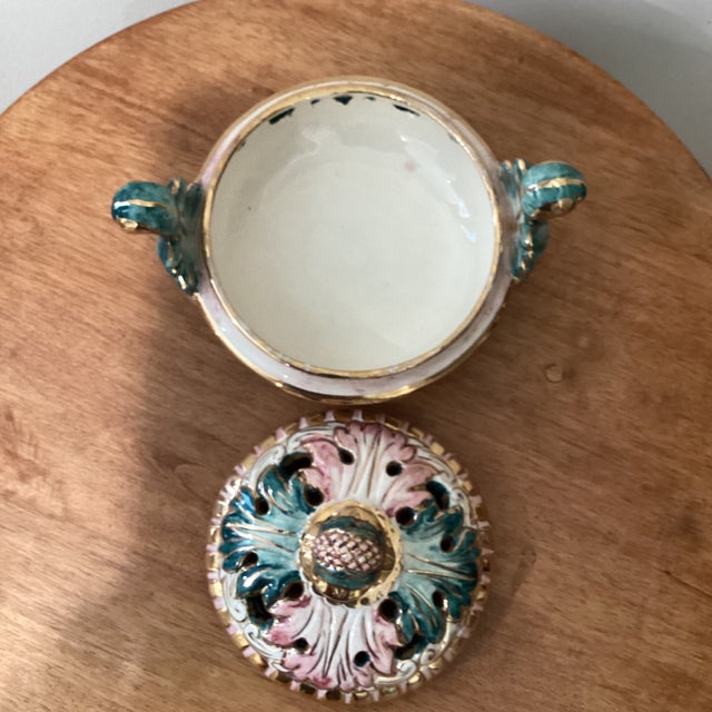 Art Deco Vintage Majolica Capodimonte Italy Dish & Cover 363/502 Adorable Color Palette Golden Rim and Details For Sale - Image 3 of 12