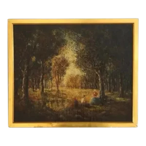 Antique Impressionistic Oil Painting Forest Landscape With Figures 19th C, Framed