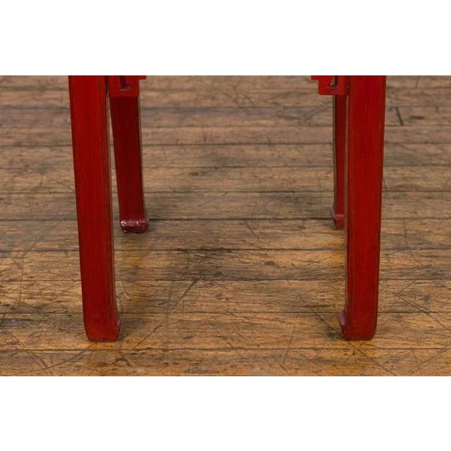 Red Vintage Chinese Red Lacquer Side Table with Single Drawer & Carved Spandrels For Sale - Image 8 of 13