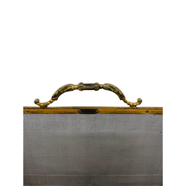 Vintage Brass-Toned Fireplace Screen With Folding Mesh Panels and Ornate Handle For Sale - Image 9 of 10