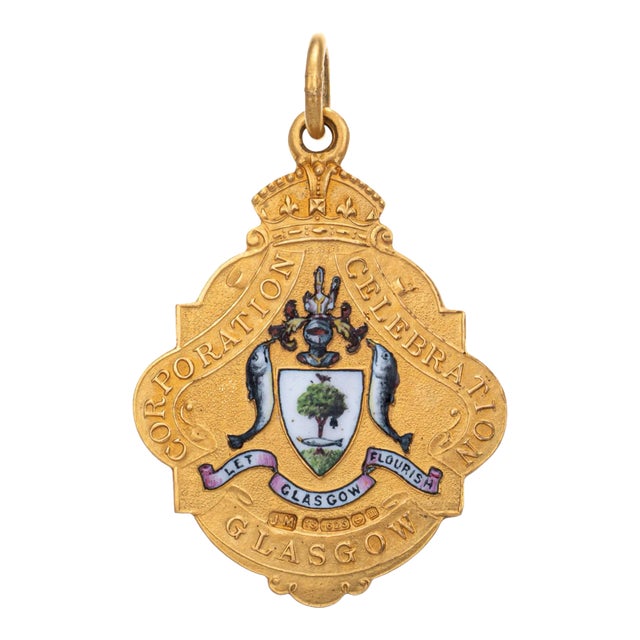 Early 20th Century Antique Coronation Medallion 15k Gold George V Mary Pendant Enamel Glasgow For Sale