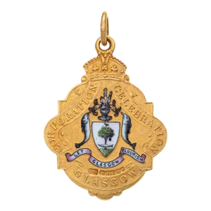 Early 20th Century Antique Coronation Medallion 15k Gold George V Mary Pendant Enamel Glasgow