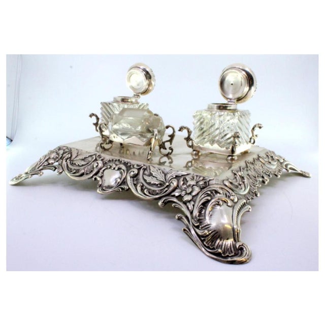 Relief Silver and Glass Inkwell with Floral Motifs and Reliefs For Sale - Image 3 of 8