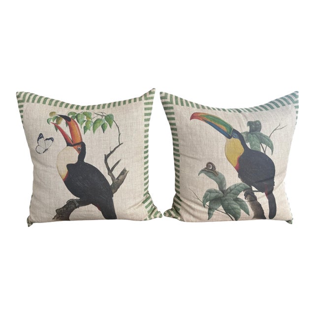 Vintage Tropical Linen Toucan Throw Pillows With Green Striped Borders, 2 Pieces For Sale