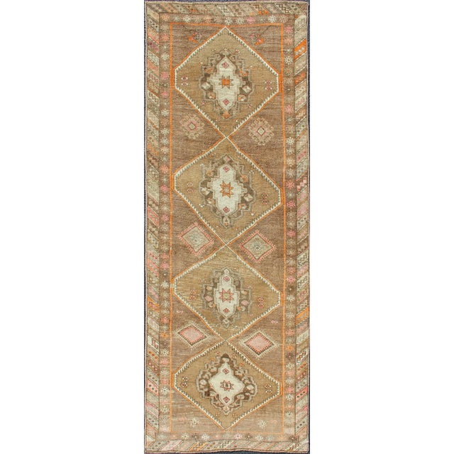 Vintage Hand Knotted Turkish Oushak Runner With Tribal Medallions in Earthy Tones For Sale - Image 11 of 11