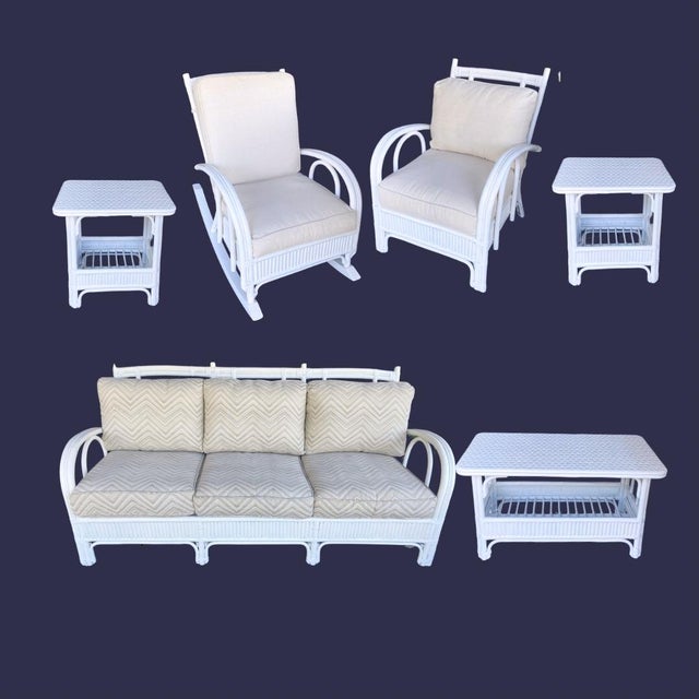 Vintage Mid Century Attributed to Ficks Reed Bent Rattan Six Piece Patio Set Art Deco Style Palm Beach Regency Coastal Chic For Sale - Image 9 of 9