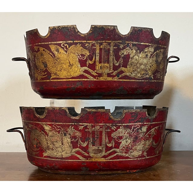 Antique 19th Century French Empire Tole Monteiths or Cachepot Jardinieres With Neoclassical Winged Horses or Pegasus & Lyres Circa 1820 - A Pair For Sale - Image 9 of 14