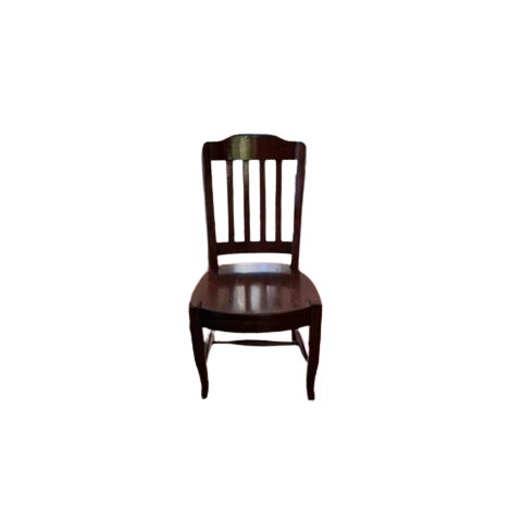 Dark brown wooden table and chairs. Table measures 60" in diameter. Table surface needs refinishing. Item is unmarked by...