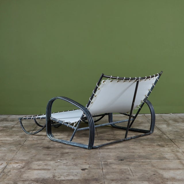 Mid 20th Century Early Walter Lamb Bronze & Canvas Double Wide Patio Chaise Lounge For Sale - Image 5 of 16