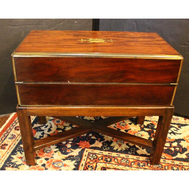 Early-Mid 19th Century English Large Campaign Lap Desk on Side Table Stand For Sale - Image 4 of 12