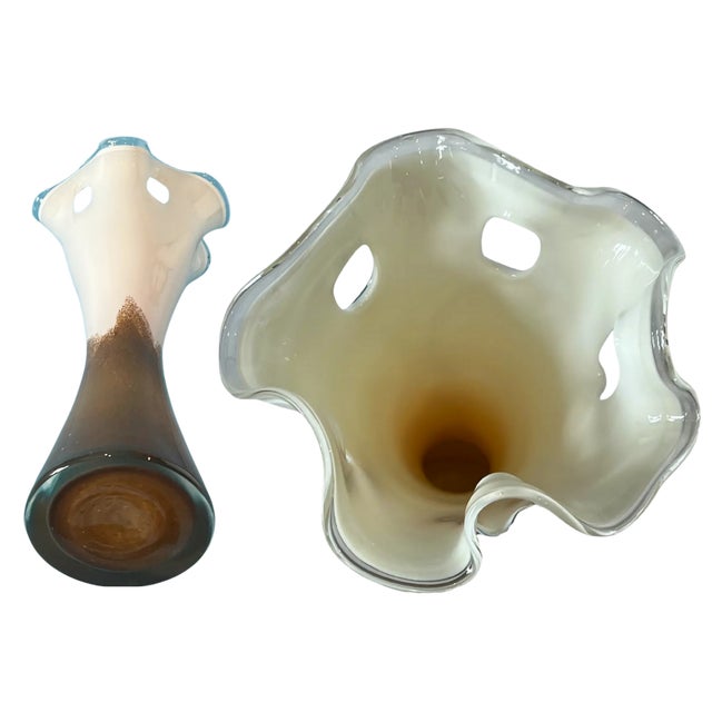 Art Glass Brown White Looped Rim Vase For Sale - Image 17 of 18