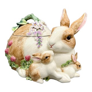 Farmhouse Fitz & Floyd Botanical Bunny Rabbit Family Ceramic Cookie Jar – Cottagecore / Spring For Sale