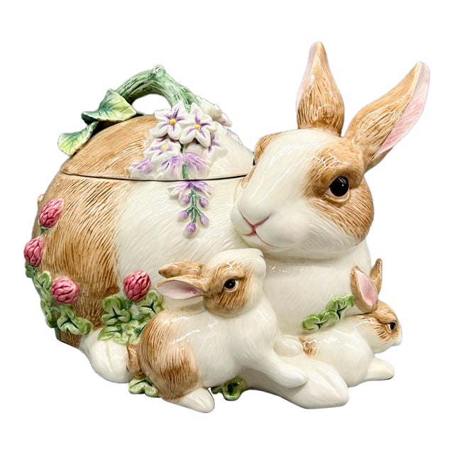 Farmhouse Fitz & Floyd Botanical Bunny Rabbit Family Ceramic Cookie Jar – Cottagecore / Spring For Sale