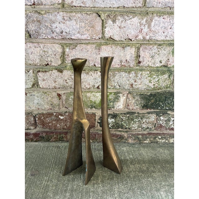 Mid-Century Modern Pair of Solid Bronze Vintage Candlesticks For Sale - Image 3 of 12