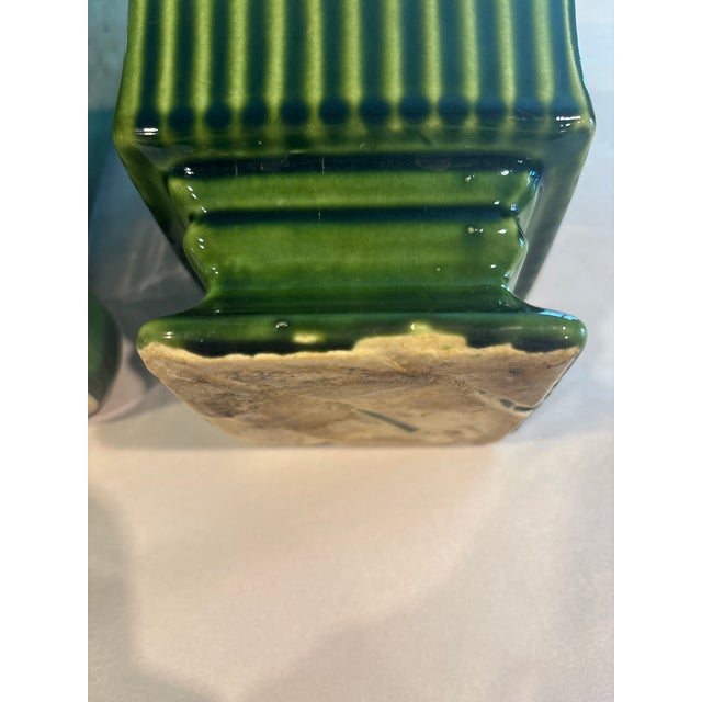 Pair of Vintage Green Ribbed Ceramic Cachepots With Pedestal Bases, Art Deco Style For Sale - Image 9 of 12