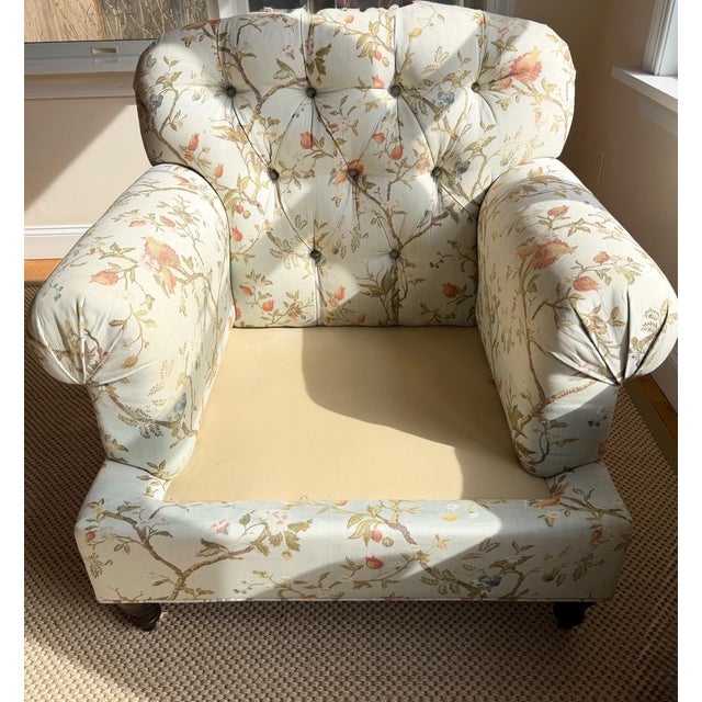 Custom Tufted Scalamandre Sky Blue Floral Lounge Chair and Ottoman Set For Sale - Image 14 of 18
