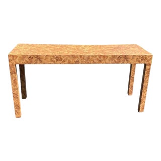 1970s Mid-Century Modern Burl Laminate Console With Drawer For Sale
