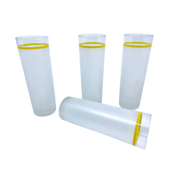 Mid-Century Modern 1970s Vintage Yellow Stripe Frosted Glass Tumblers- a Set of 4 For Sale - Image 3 of 7