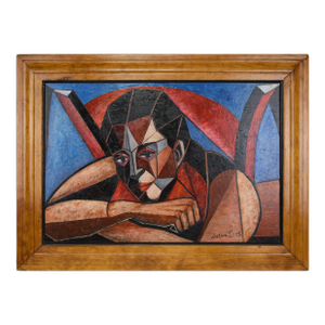 Vintage Mid Century Cubist Portrait Painting of a Woman