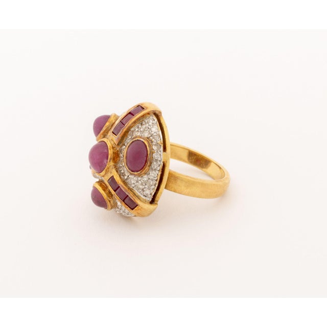 Late 20th Century Modernist 18k Yellow Gold Ruby and Diamond Cocktail Ring For Sale - Image 5 of 7