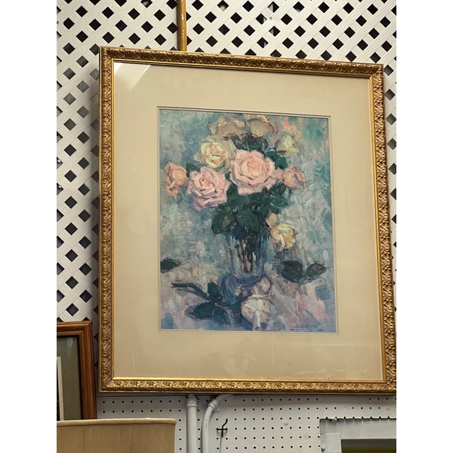 Vintage Pastel Floral Still Life Signed & Framed For Sale - Image 4 of 5