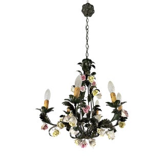 Florentine Six-Light Chandelier in Wrought Iron and Porcelain, 1970s For Sale
