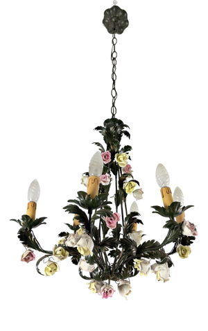 Florentine Six-Light Chandelier in Wrought Iron and Porcelain, 1970s