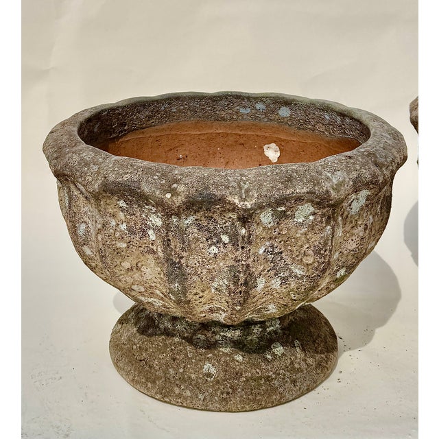 Pair Terracotta Garden Urns, Lobed Campana Form, Weathered Finish For Sale - Image 12 of 17