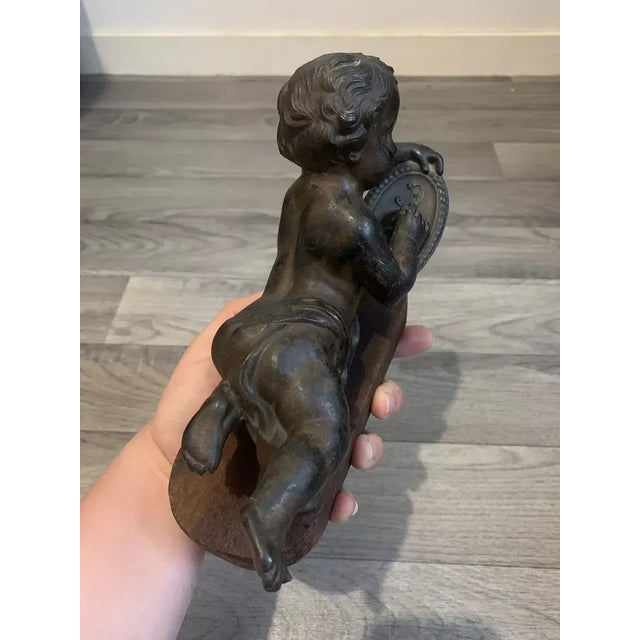 18thc French Antique Renaissance Bronze Sculpture "Reclining Cherub Artist" For Sale - Image 11 of 12