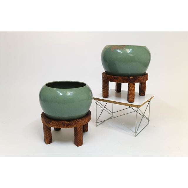 An exceptional pair of mid-century green-glazed ceramic cachepots presented on striking bases wrapped in genuine...