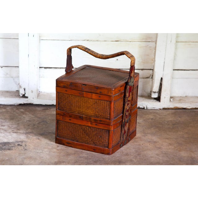 Chestnut Antique Chinese Woven Rattan and Bamboo Nested Basket With Carved Handle For Sale - Image 8 of 8