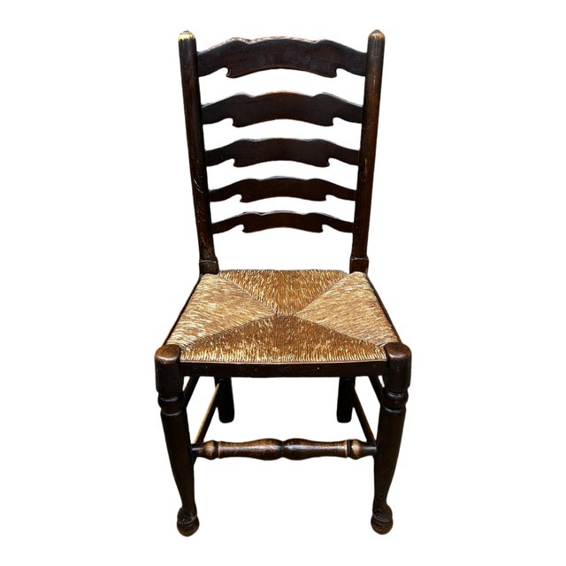 English Oak and Rush Seat Ladder Back Chairs, Late 19th Century, Set of 4 For Sale - Image 5 of 8