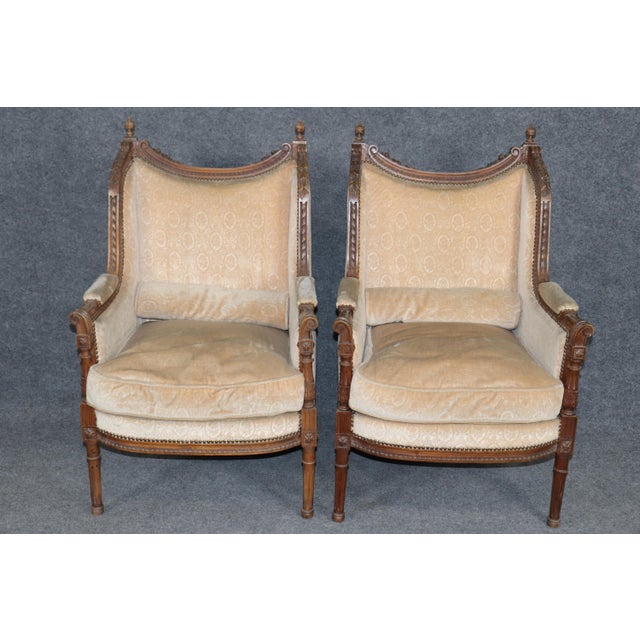 French Pair of Antique French Louis XVI Bergère Chairs, Walnut Carved Frames With Down Cushions, Turn of the Century For Sale - Image 3 of 15