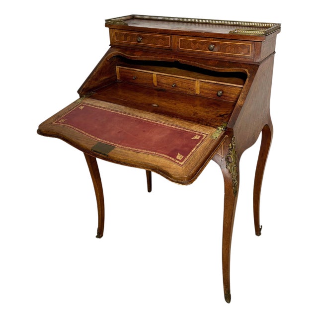 1930s French Louis XV Style Slant Front Secretary Desk with Leather Writing Surface For Sale