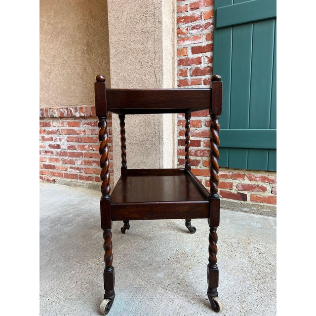 Antique English Barley Twist Tea Trolley Bar Cart Table Tiger Oak Dumbwaiter For Sale - Image 10 of 18