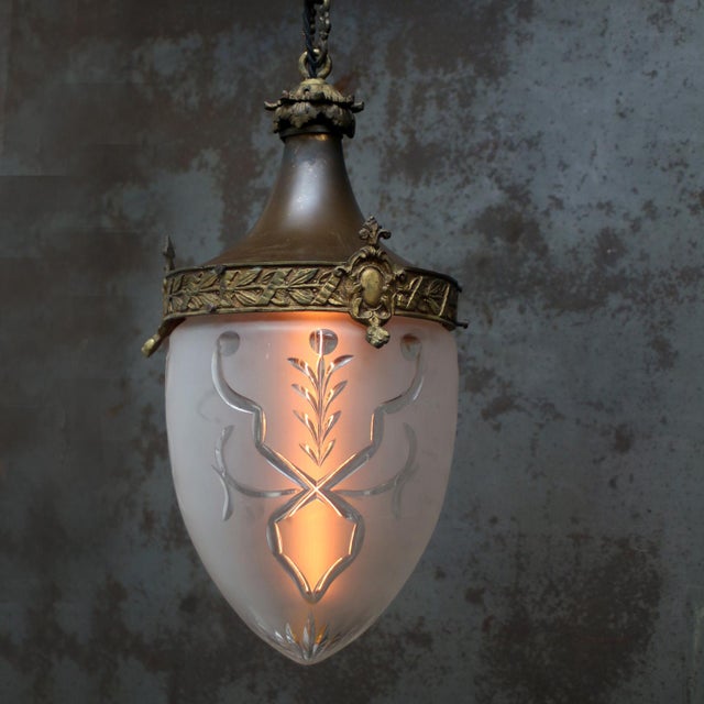 Antique Neoclassical French Copper and brass pendant, hall lantern. Brass frame and gallery with Drop-Shaped Cut glass....