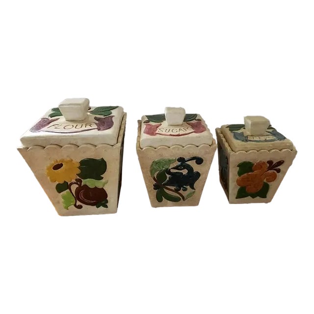 1969 Handmade Ceramic Canisters With Floral Motif, Flour, Sugar & Tea- Set of 3 For Sale