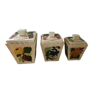 1969 Handmade Ceramic Canisters With Floral Motif, Flour, Sugar & Tea- Set of 3