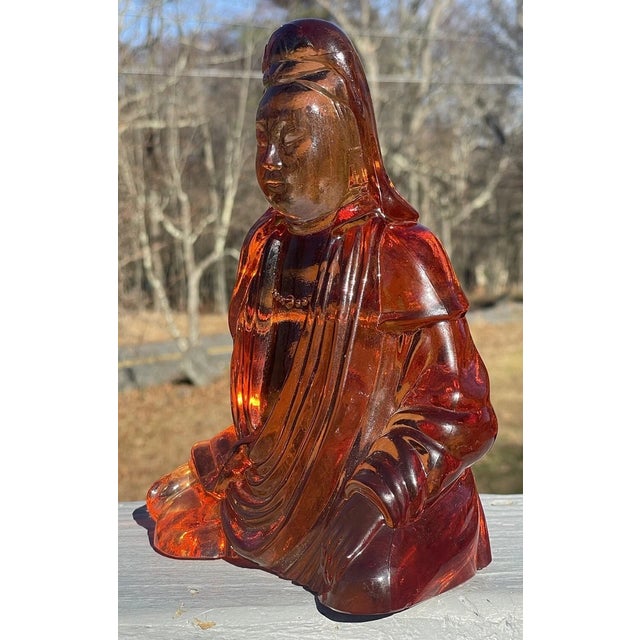 Cambridge Glass Company Rare Large Cambridge Amber Glass Buddha Bookend Figurine Art Deco Antique For Sale - Image 4 of 12