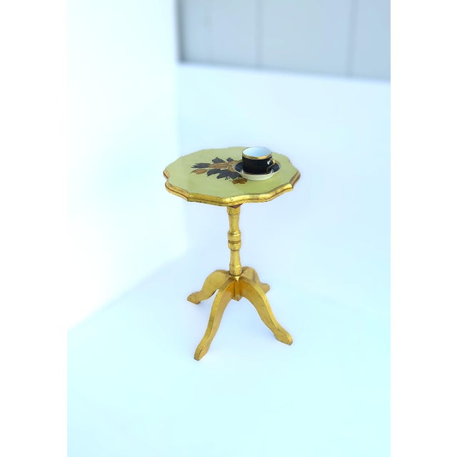 Gold Giltwood Scalloped Side Accent Table With Floral Top, Late 20th Century For Sale - Image 4 of 15